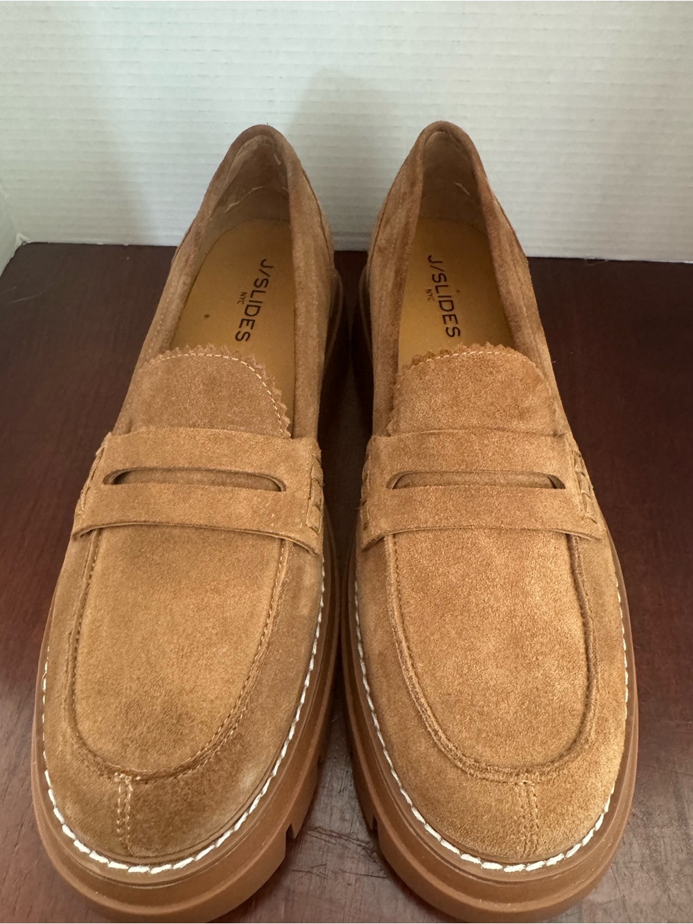 J/Slides Women's Tan Suede Penny Loafers, 10M
